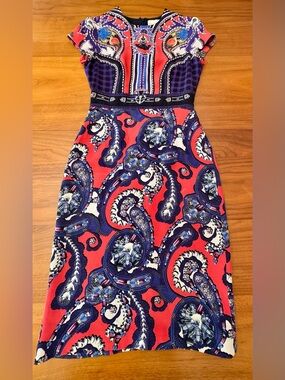 MARY KATRANTZOU Red, Purple & Navy Graphic Printed Silk Sheath Dress, Size 4